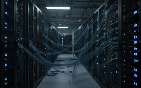 Dunkler Serverraum mit leuchtenden blauen Statusanzeigen in einer industriellen Umgebung. - Foto: über boerse-global.de