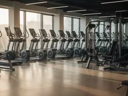 Leerer Fitnessraum mit modernen Trainingsgeräten in einer hellen, professionell beleuchteten Trainingshalle. - Foto: über boerse-global.de