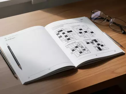 Ein offenes Rätselheft mit Logikgittern und ein Bleistift auf einem Holztisch, beleuchtet durch natürliches Licht. - Foto: über boerse-global.de