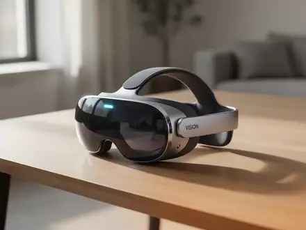 Ein Apple Vision Pro Headset auf einem minimalistischen Schreibtisch in einem modernen Büro bei natürlichem Licht. - Foto: über boerse-global.de