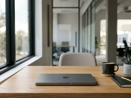 Ein geschlossener Laptop auf einem minimalistischen Schreibtisch in einem modernen Büro bei natürlichem Tageslicht. - Foto: über boerse-global.de
