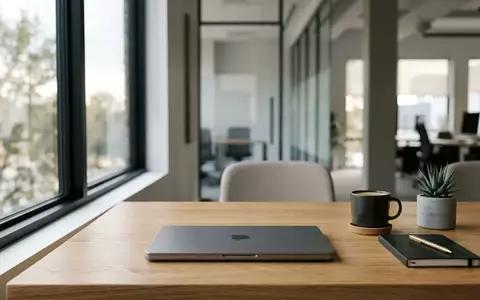 Ein geschlossener Laptop auf einem minimalistischen Schreibtisch in einem modernen Büro bei natürlichem Tageslicht. - Foto: über boerse-global.de
