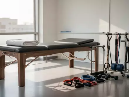 Ein minimalistischer Behandlungsraum in einer Physiotherapiepraxis mit einer Behandlungsliege und Übungsgeräten. - Foto: über boerse-global.de
