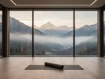 Minimalistischer Yoga-Raum in einem luxuriösen Alpenresort mit Blick auf die Berge bei Morgenlicht. - Foto: über boerse-global.de