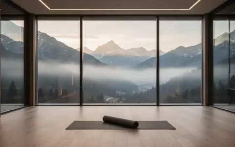 Minimalistischer Yoga-Raum in einem luxuriösen Alpenresort mit Blick auf die Berge bei Morgenlicht. - Foto: über boerse-global.de