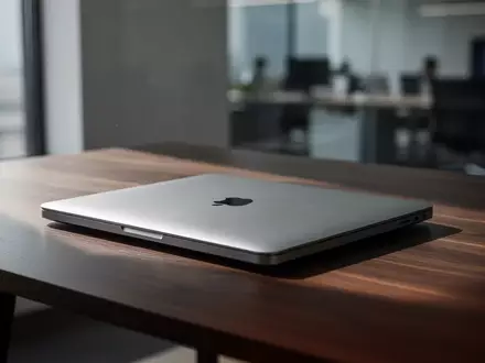 Ein geschlossenes MacBook auf einem dunklen Holztisch in einer modernen Büroumgebung. - Foto: über boerse-global.de
