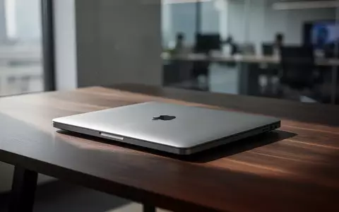 Ein geschlossenes MacBook auf einem dunklen Holztisch in einer modernen Büroumgebung. - Foto: über boerse-global.de