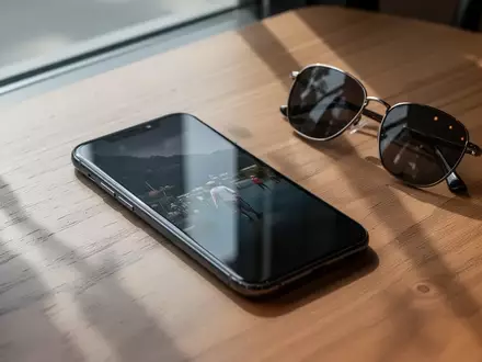 Ein Smartphone liegt auf einem Holztisch neben einer Sonnenbrille, das Display ist dunkel und reflektiert die Umgebung. - Foto: über boerse-global.de