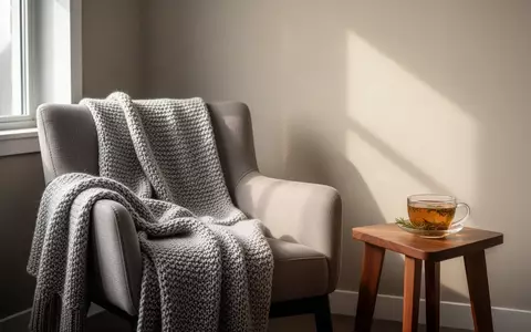 Ein ruhiger, minimalistischer Raum mit einem bequemen Sessel, einer Decke und einer Tasse Tee bei natürlichem Tageslicht. - Foto: über boerse-global.de