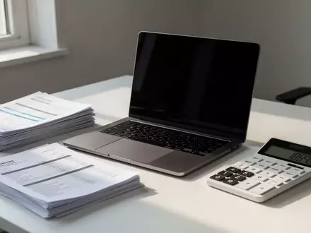 Ein minimalistischer Büroschreibtisch mit einem Laptop mit schwarzem Bildschirm, Finanzunterlagen und einem Taschenrechner. - Foto: über boerse-global.de