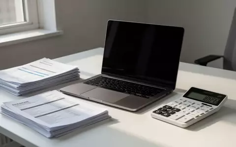 Ein minimalistischer Büroschreibtisch mit einem Laptop mit schwarzem Bildschirm, Finanzunterlagen und einem Taschenrechner. - Foto: über boerse-global.de