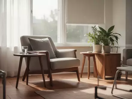 Ein helles, modern eingerichtetes Wohnzimmer mit einem bequemen Sessel und einer Pflanze, das eine freundliche Wohnatmosphäre für Senioren vermittelt. - Foto: über boerse-global.de