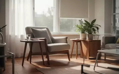 Ein helles, modern eingerichtetes Wohnzimmer mit einem bequemen Sessel und einer Pflanze, das eine freundliche Wohnatmosphäre für Senioren vermittelt. - Foto: über boerse-global.de