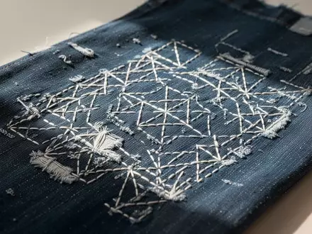 Nahaufnahme von indigoblauem Denim mit kunstvollen weißen Sashiko-Stickereien als sichtbare Reparaturmaßnahme. - Foto: über boerse-global.de