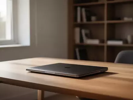 Ein moderner, aufgeräumter Arbeitsplatz mit einem geschlossenen Laptop auf einem Holztisch bei natürlichem Tageslicht. - Foto: über boerse-global.de