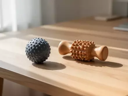 Ein hölzerner Schreibtisch mit einem kleinen Massageball und einer Holzrolle für Fingertraining bei natürlichem Licht. - Foto: über boerse-global.de