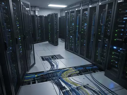 Moderne Server-Infrastruktur in einem Rechenzentrum mit leuchtenden Statusanzeigen und verkabelten Serverschränken. - Foto: über boerse-global.de