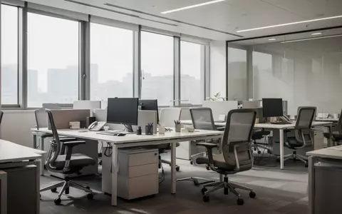 Ein leerer, modern eingerichteter Büroarbeitsplatz mit ergonomischen Möbeln in einem hellen, lichtdurchfluteten Raum. - Foto: über boerse-global.de