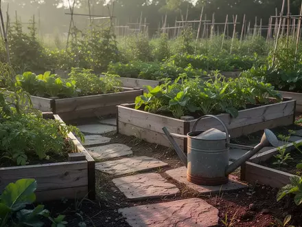 Ein gepflegter Gemüsegarten mit Hochbeeten und einer Gießkanne im sonnigen Licht des Frühsommers. - Foto: über boerse-global.de