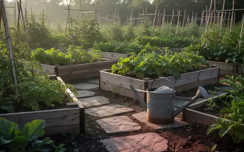 Ein gepflegter Gemüsegarten mit Hochbeeten und einer Gießkanne im sonnigen Licht des Frühsommers. - Foto: über boerse-global.de