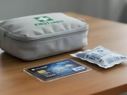Ein Erste-Hilfe-Set mit einer Kreditkarte und einem Kühlpad auf einem Holztisch zur Behandlung von Insektenstichen. - Foto: über boerse-global.de