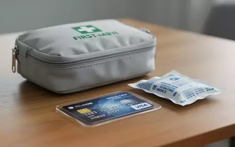 Ein Erste-Hilfe-Set mit einer Kreditkarte und einem Kühlpad auf einem Holztisch zur Behandlung von Insektenstichen. - Foto: über boerse-global.de