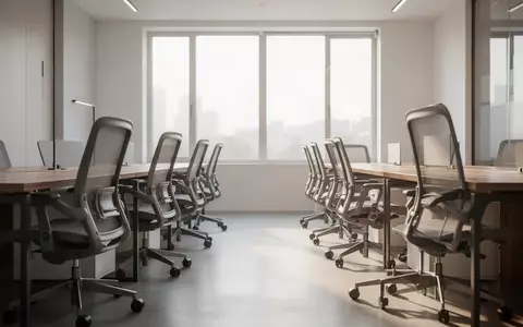 Ein heller, moderner und leerer Büroraum mit ergonomischen Stühlen und Schreibtischen bei natürlichem Tageslicht. - Foto: über boerse-global.de