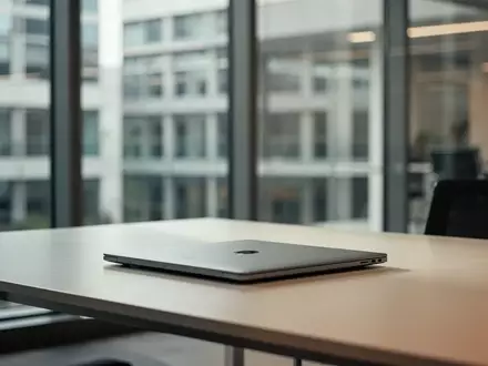 Ein leerer, moderner Büroarbeitsplatz mit einem geschlossenen Laptop auf einem Schreibtisch vor einem unscharfen Bürohintergrund. - Foto: über boerse-global.de