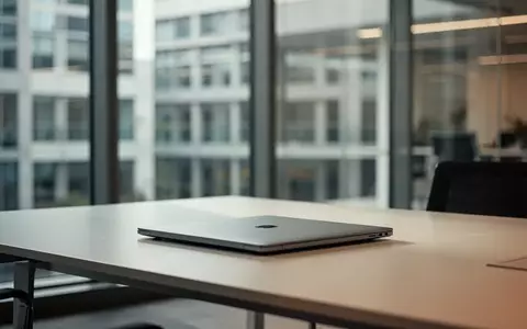 Ein leerer, moderner Büroarbeitsplatz mit einem geschlossenen Laptop auf einem Schreibtisch vor einem unscharfen Bürohintergrund. - Foto: über boerse-global.de