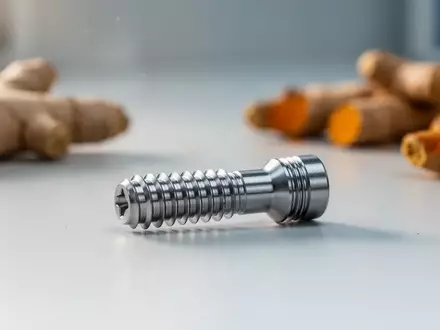 Ein metallisches Zahnimplantat auf einer sterilen Laboroberfläche, umgeben von angedeuteten Kurkuma- und Ingwer-Elementen. - Foto: über boerse-global.de