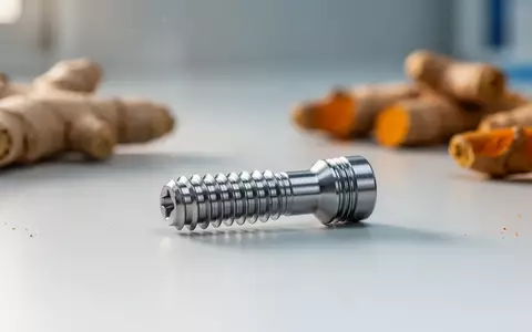 Ein metallisches Zahnimplantat auf einer sterilen Laboroberfläche, umgeben von angedeuteten Kurkuma- und Ingwer-Elementen. - Foto: über boerse-global.de