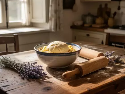 Ein rustikaler Holztisch mit frischem Pastateig und Küchenutensilien in einer traditionellen europäischen Küche. - Foto: über boerse-global.de