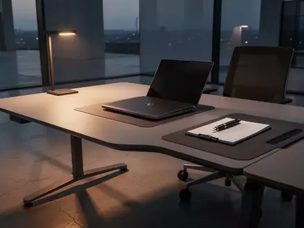 Ein minimalistischer, moderner Arbeitsplatz mit einem geschlossenen Laptop und einem Notizblock in einem Büro bei Dämmerung. - Foto: über boerse-global.de