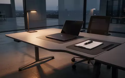 Ein minimalistischer, moderner Arbeitsplatz mit einem geschlossenen Laptop und einem Notizblock in einem Büro bei Dämmerung. - Foto: über boerse-global.de