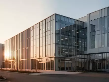 Modernes Industriegebäude mit Glasfassade bei Abendlicht, das den Hauptsitz eines Unternehmens repräsentiert. - Foto: über boerse-global.de