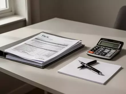 Ein aufgerĂ€umter Schreibtisch mit einem Steuerordner, einem Taschenrechner und einem Notizblock bei natĂŒrlichem Licht. - Foto: ĂŒber boerse-global.de