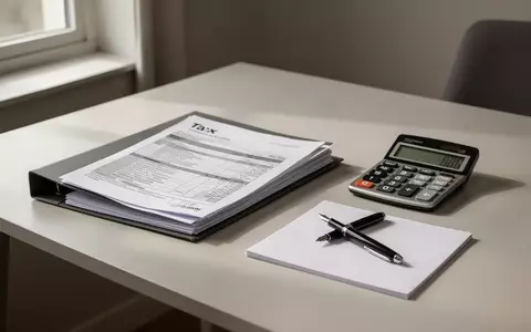 Ein aufgeräumter Schreibtisch mit einem Steuerordner, einem Taschenrechner und einem Notizblock bei natürlichem Licht. - Foto: über boerse-global.de