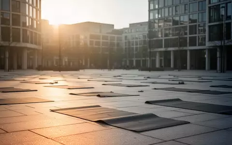 Leere Yogamatten auf dem gepflasterten Boden eines städtischen Platzes bei Sonnenaufgang. - Foto: über boerse-global.de
