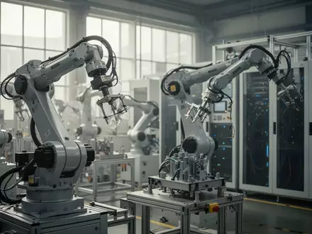 Moderne industrielle Fertigungshalle mit automatisierten Robotersystemen und Steuerungseinheiten. - Foto: über boerse-global.de
