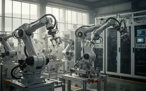 Moderne industrielle Fertigungshalle mit automatisierten Robotersystemen und Steuerungseinheiten. - Foto: über boerse-global.de