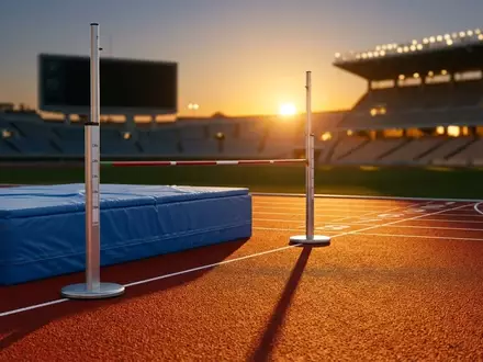 Hochsprunganlage auf einer Leichtathletikbahn im Stadion während der goldenen Stunde. - Foto: über boerse-global.de