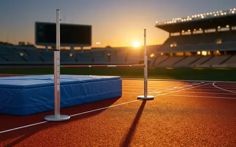 Hochsprunganlage auf einer Leichtathletikbahn im Stadion während der goldenen Stunde. - Foto: über boerse-global.de