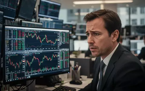 Ein Börsenhändler blickt besorgt auf Finanzdiagramme vor dem Hintergrund eines geschäftigen Handelsraums. - Foto: über boerse-global.de