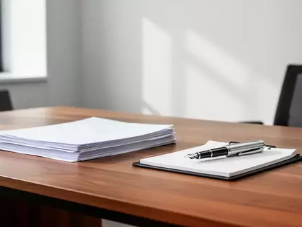 Ein leerer, moderner Schreibtisch mit Dokumenten und einem Stift in einem hellen Bürogebäude. - Foto: über boerse-global.de