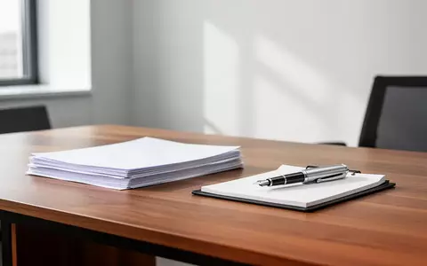 Ein leerer, moderner Schreibtisch mit Dokumenten und einem Stift in einem hellen Bürogebäude. - Foto: über boerse-global.de