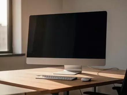 Ein moderner, minimalistischer Arbeitsplatz mit einem ausgeschalteten Desktop-Monitor auf einem Holztisch. - Foto: über boerse-global.de