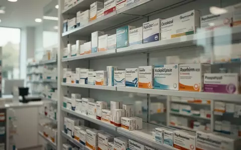 Regal mit Medikamentenpackungen in einer modernen Apotheke, unscharfer Hintergrund. - Foto: über boerse-global.de