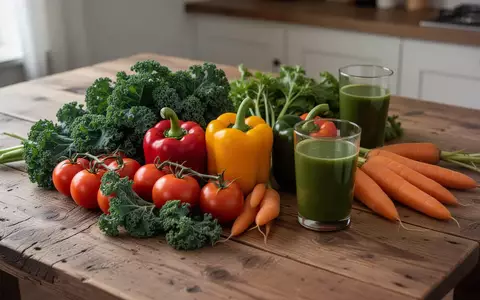 Frisches Gemüse und ein Glas Gemüsesaft auf einem Holztisch als Symbol für eine herzgesunde Ernährung. - Foto: über boerse-global.de