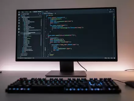 Ein moderner, minimalistischer Arbeitsplatz mit einem Monitor, auf dem eine dunkle Code-Umgebung zu sehen ist. - Foto: über boerse-global.de