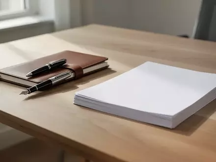 Ein minimalistischer Schreibtisch mit einem Notizbuch und leeren Blättern in hellem Tageslicht. - Foto: über boerse-global.de